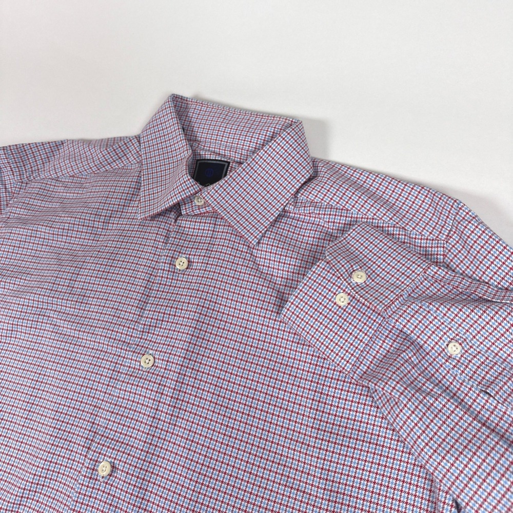 David Donahue Shirt Mens 17 34/35 Red Blue Micro Check Trim Fit Button Up